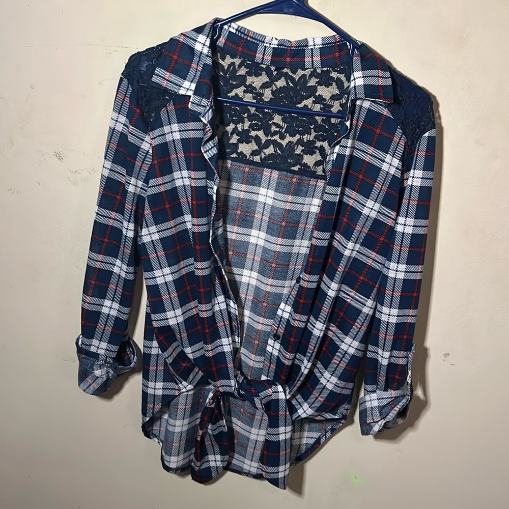 Floral Blue Flowery Plaid Flannel with a tie at the bottom.